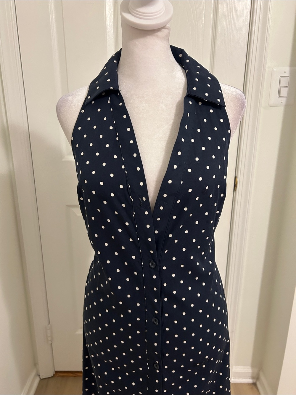 Anthropologie Maeve Halter Slim Midi Button Down Dress Polka Dot Blue Size XS - Picture 5 of 12